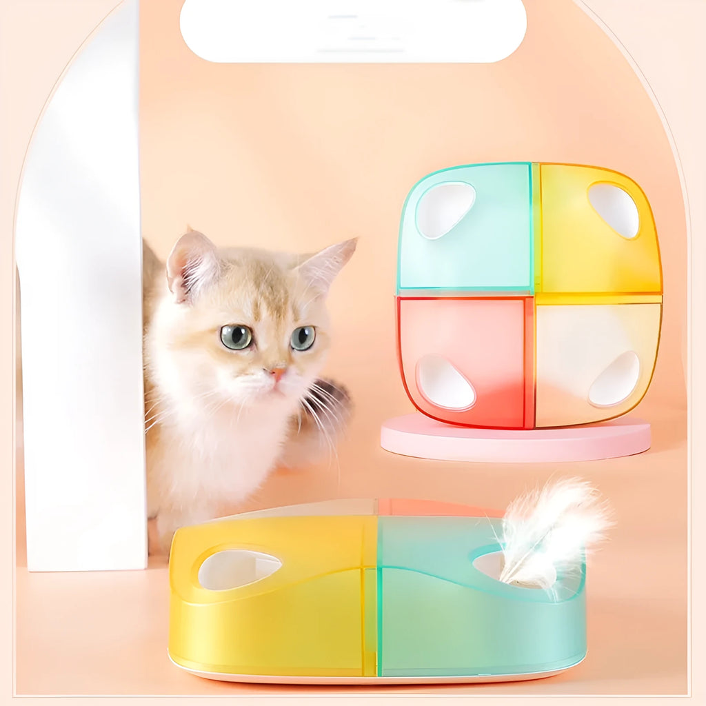 Automatic teasing cat feather toy with ABS body, PC panel, Type-C charging, and 2000mA battery in green, yellow, red, or transparent