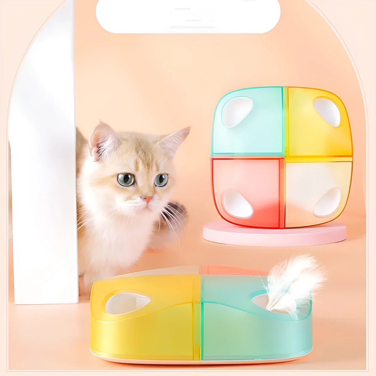 Automatic teasing cat feather toy with ABS body, PC panel, Type-C charging, and 2000mA battery in green, yellow, red, or transparent