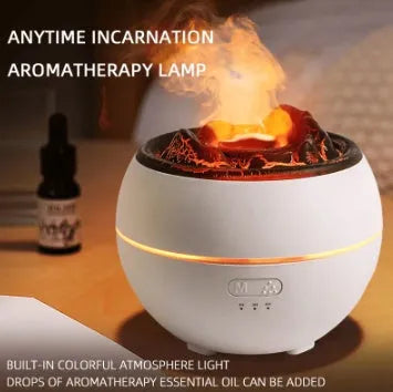 White round flame aroma diffuser humidifier with water tank and timer controls on a desk.