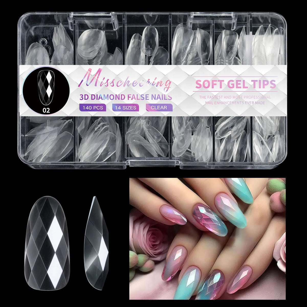 3D diamond wear long shaping artificial nail tips in twelve different colour options