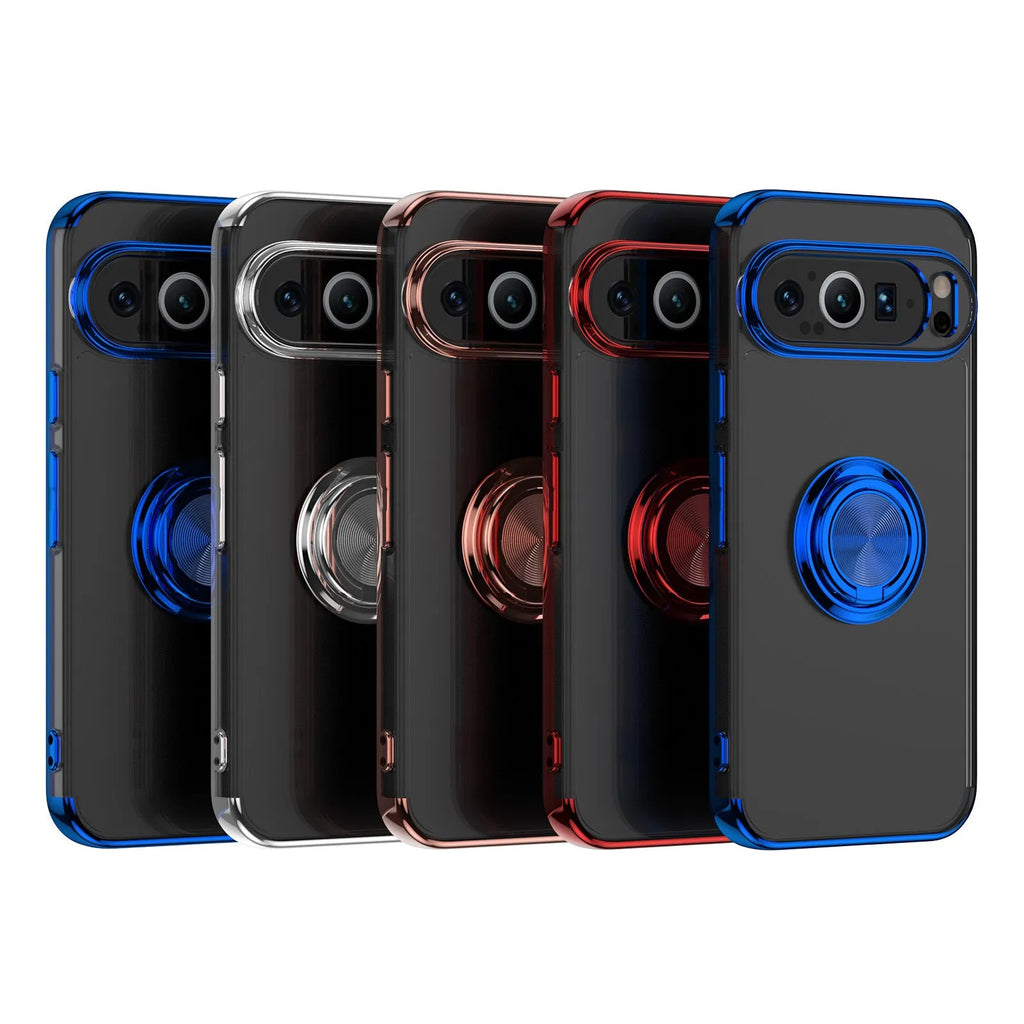 Google Pixel phone case with electroplated silicone transparent back and magnetic ring in silver colour showing front and rear view