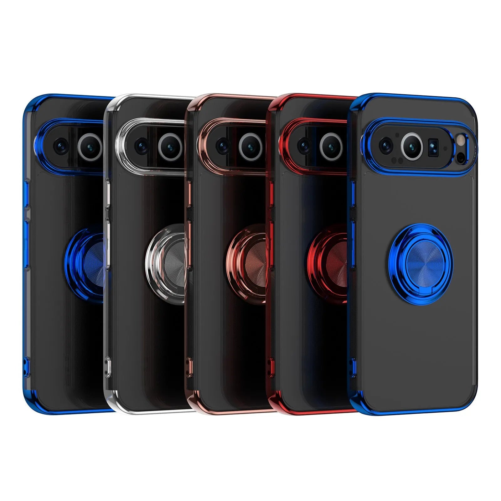 Google Pixel phone case with electroplated silicone transparent back and magnetic ring in silver colour showing front and rear view