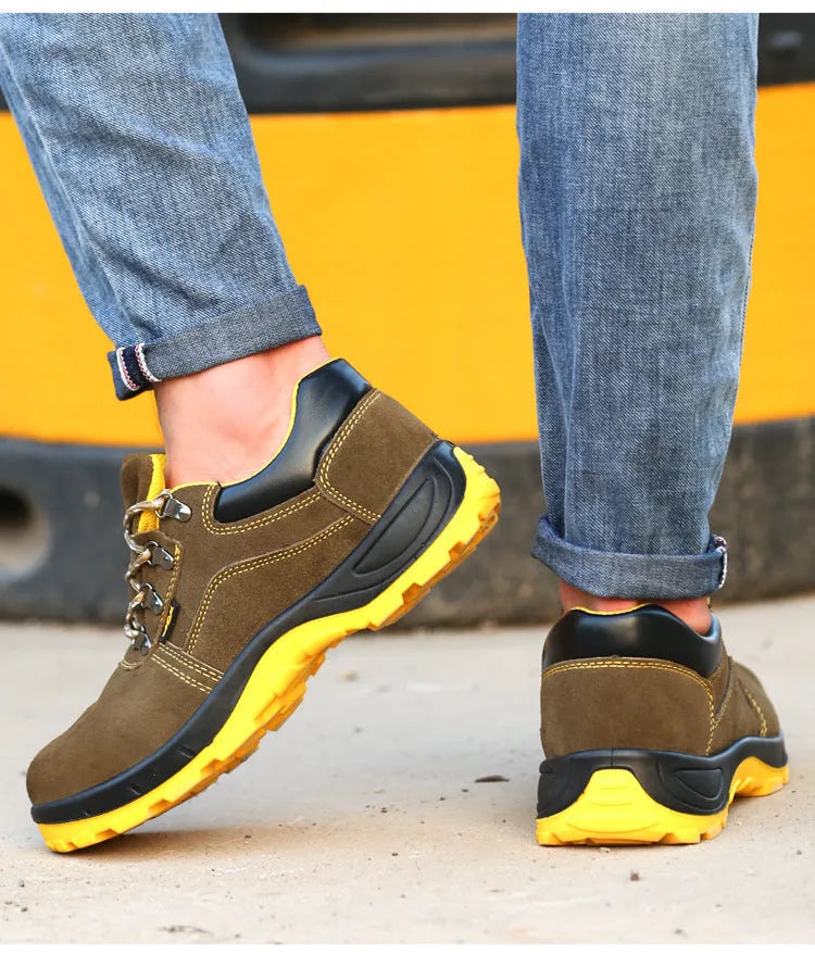 Men's brown cowhide leather safety shoes with steel toe cap and non-slip patterned soles