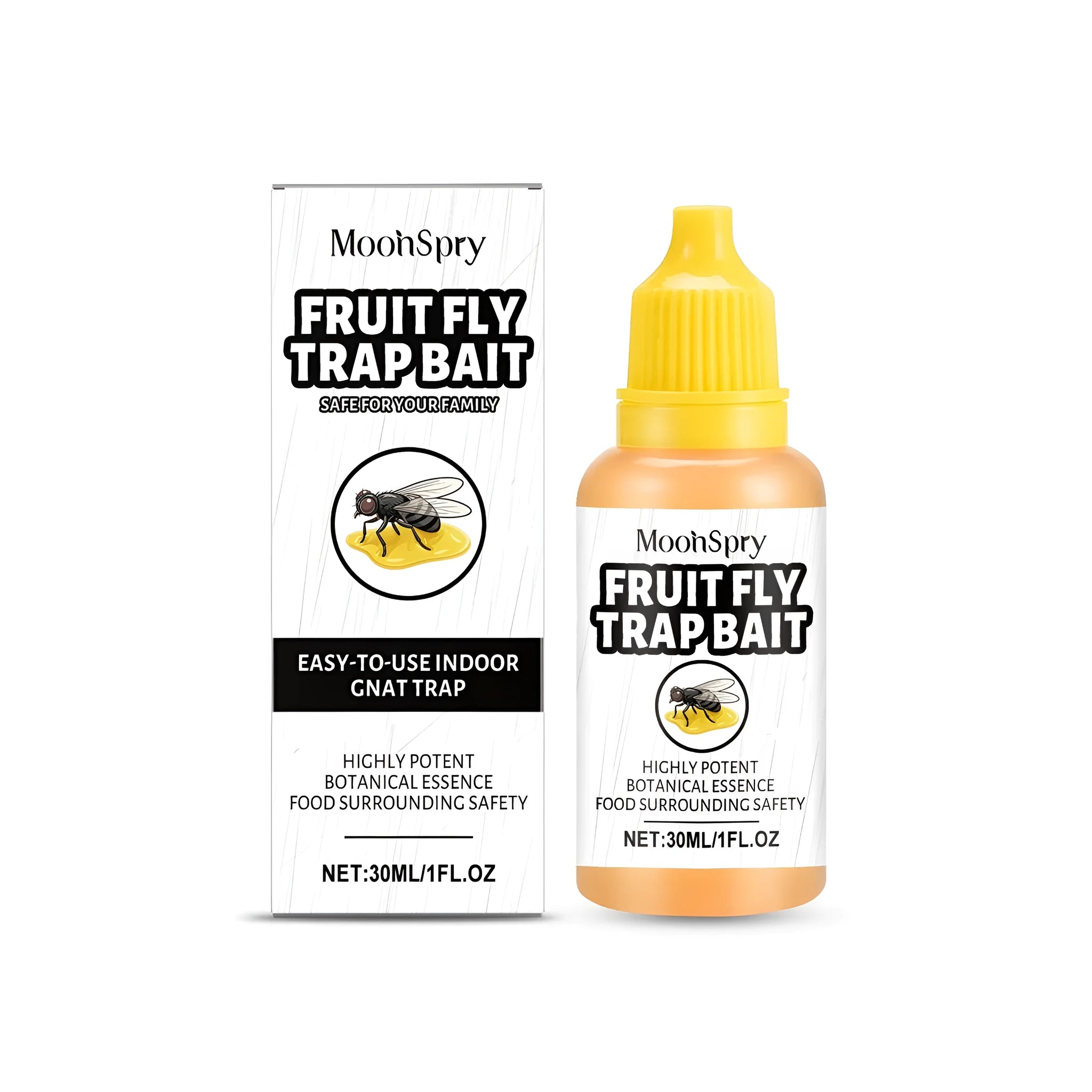 30ml bottle of liquid fruit fly trap bait concentrate with ingredient list.