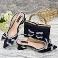 Women's pointed toe sandals with a square rhinestone buckle and a matching bag on a mid heel
