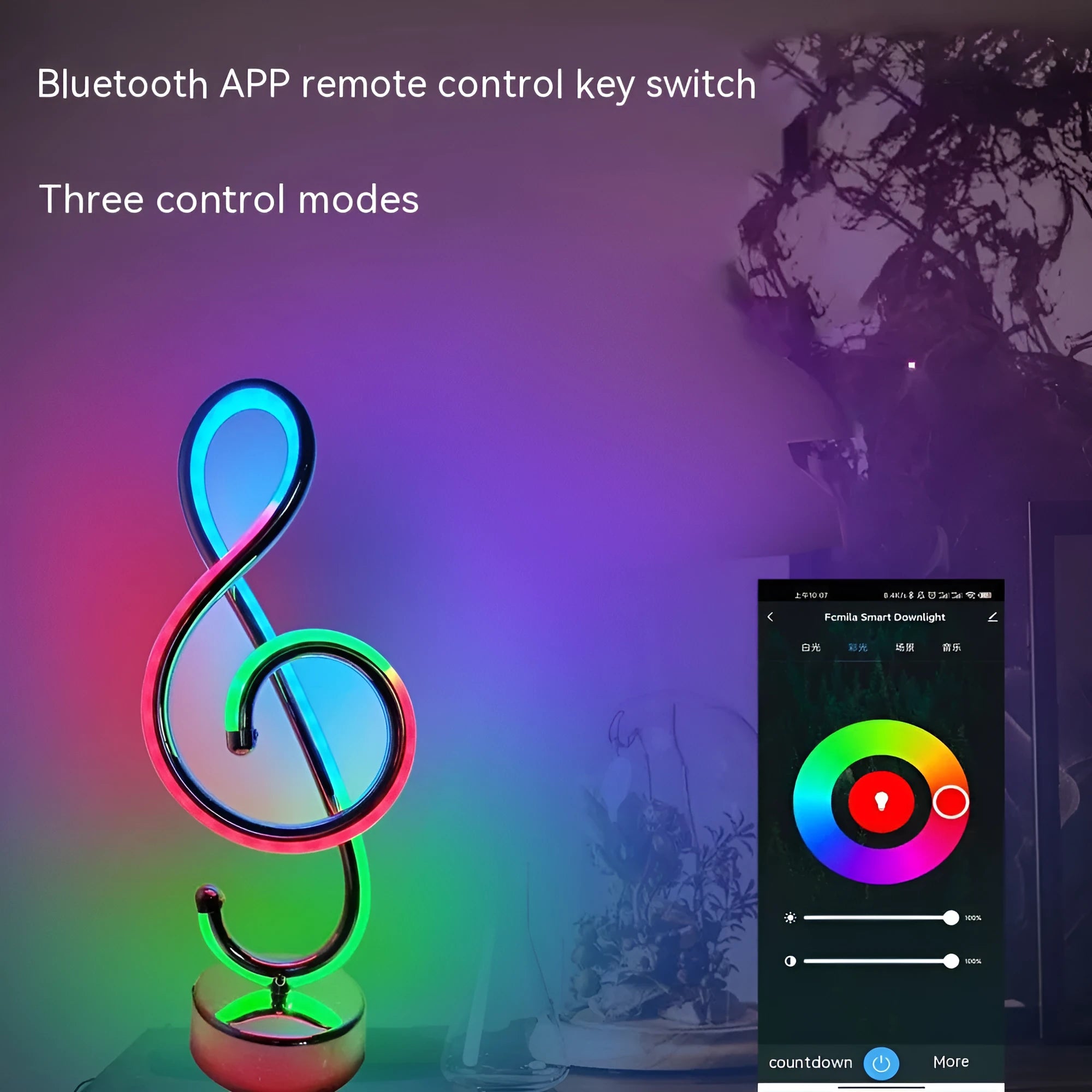 Black musical note shaped Bluetooth LED night light with remote control on a bedside table.