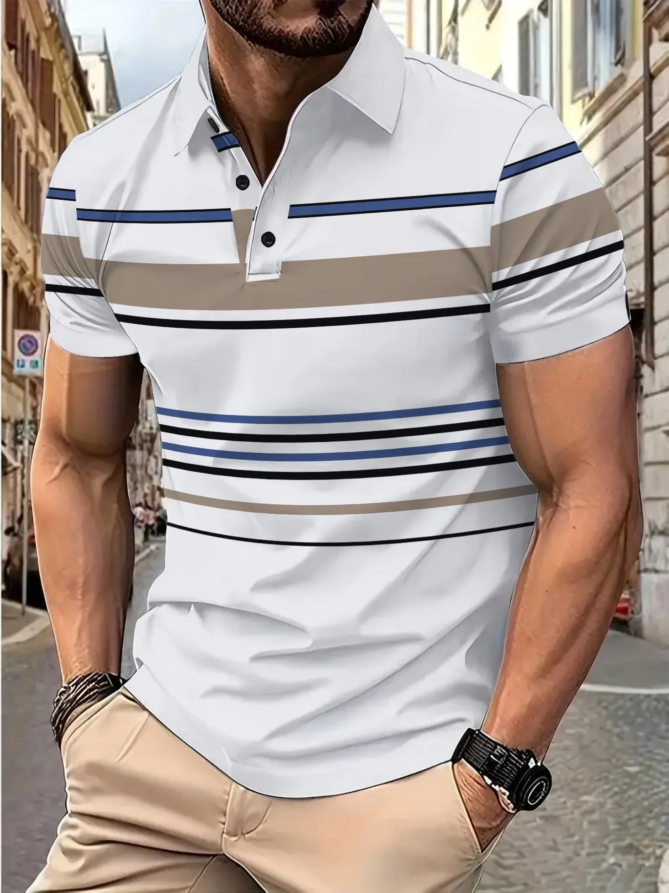 White striped men's short sleeve T-shirt on hanger showing slim fit design