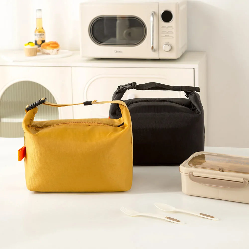Japanese style insulated Oxford cloth lunch bag in Army Green colour showing wide opening.