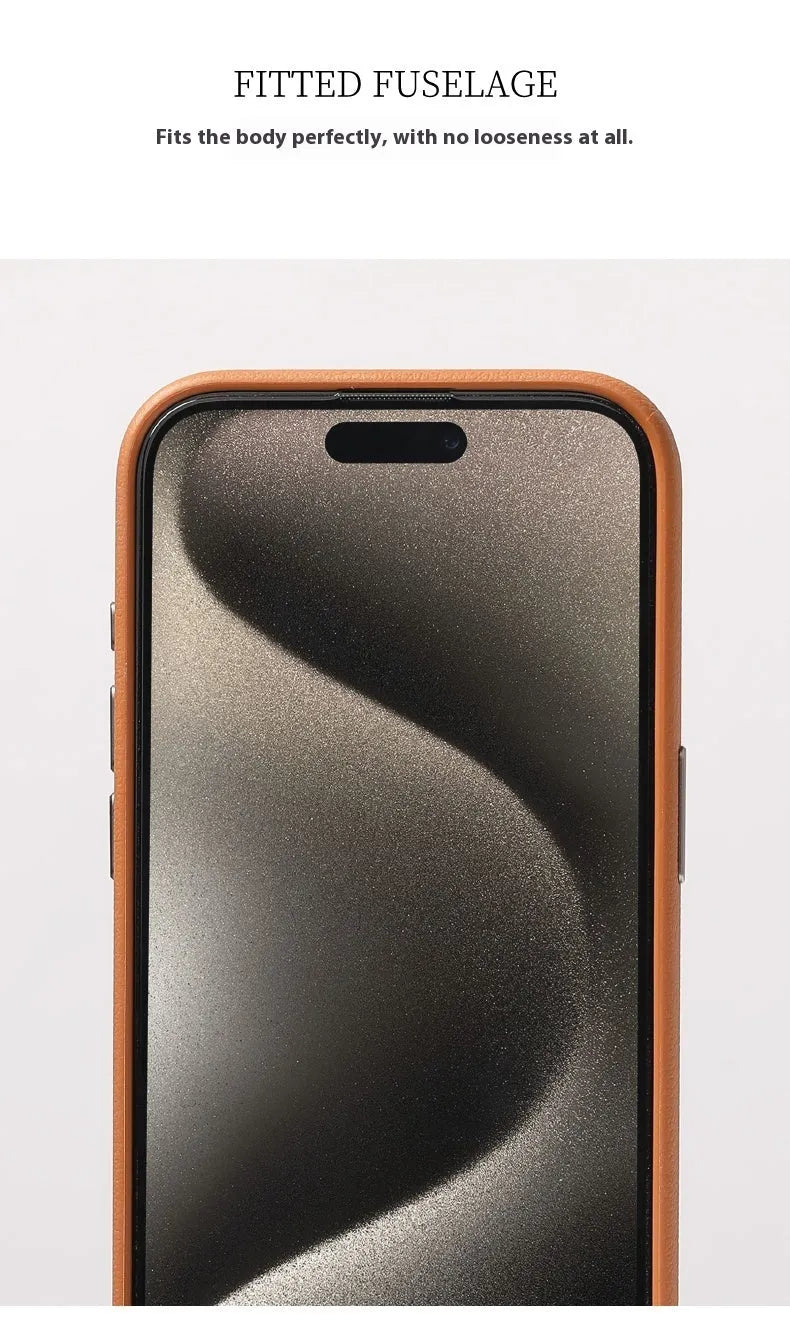 Genuine leather MagSafe compatible protective case for iPhone with metal camera lens guard.