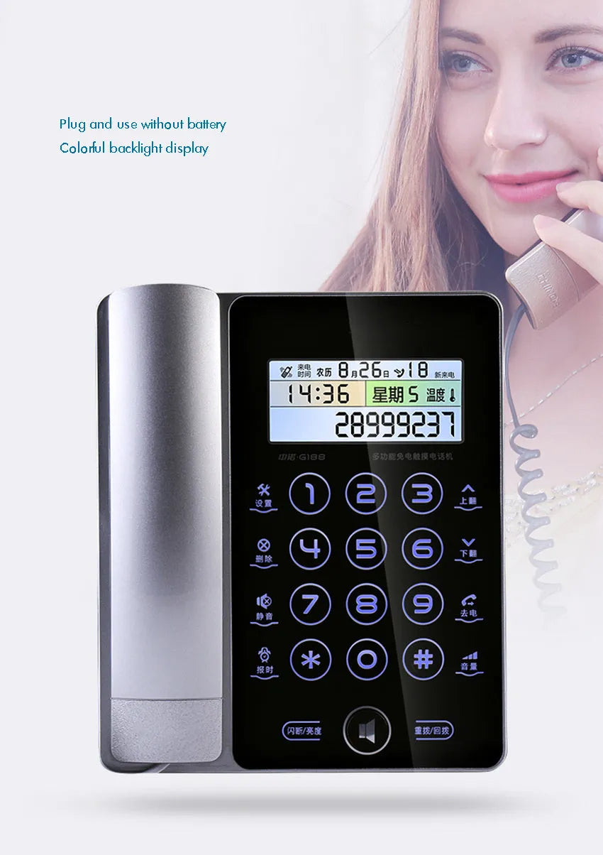 Gold G188 landline telephone with LCD touch screen display showing caller information and lunar calendar