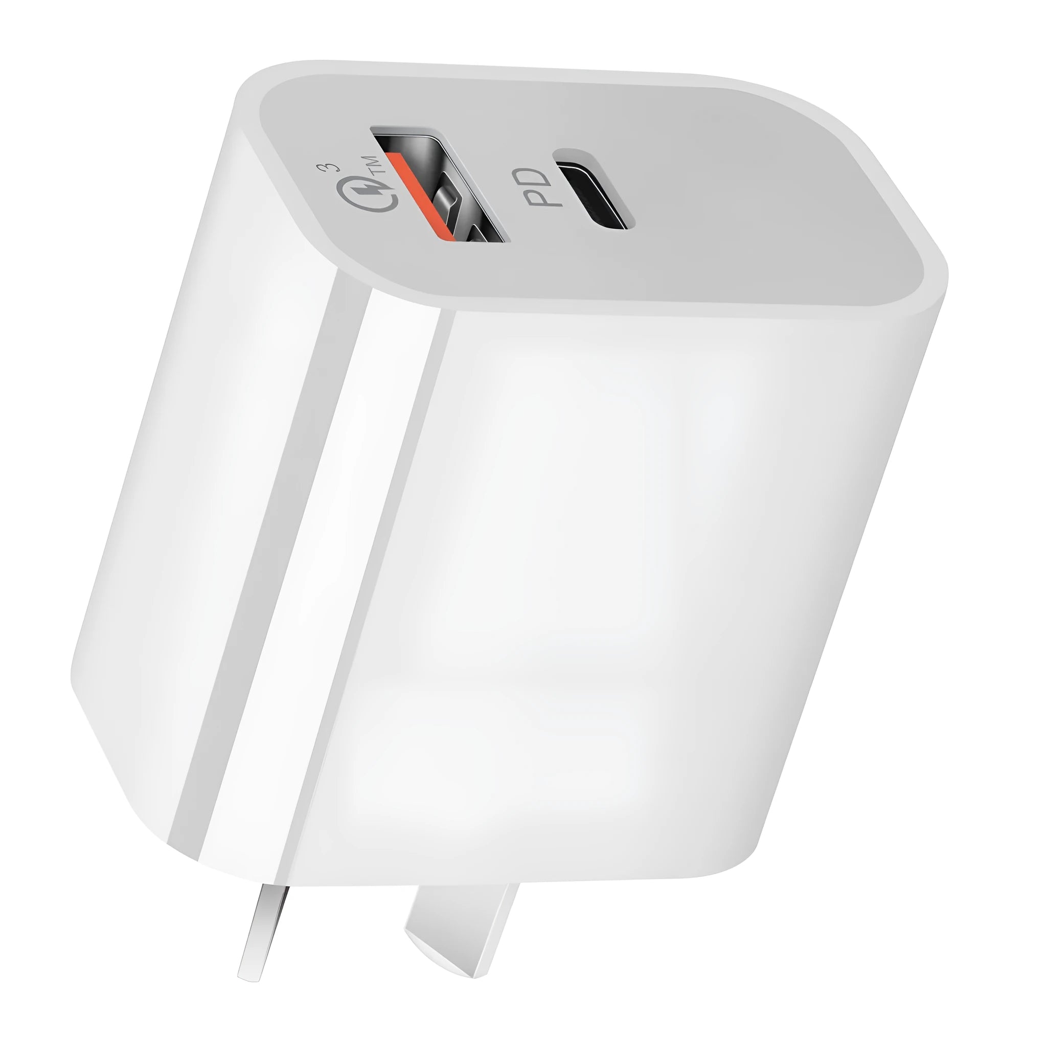 White Australian dual port USB wall charger with Type-A and Type-C ports on a white background.