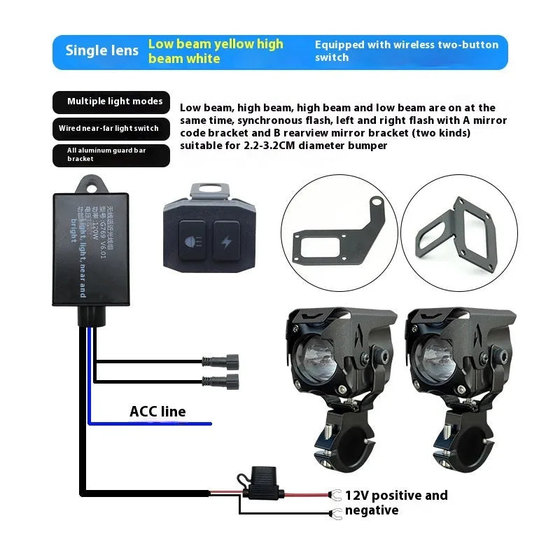 Motorcycle LED spotlight kit with integrated far and near beam lights, wiring, switches, and mounting brackets
