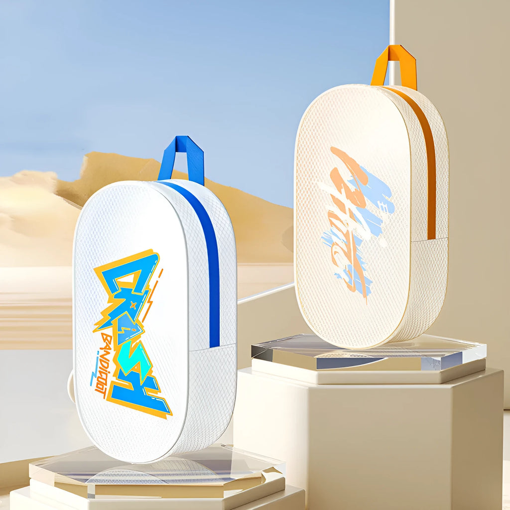 Orange and purple EVA waterproof swimming storage bags showing 3-litre and 7-litre sizes for swim gear.