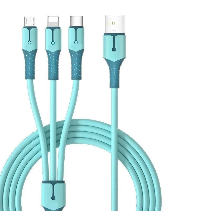 5A Super Three-in-one silicone charging cable with Lightning, Micro USB, and TYPE-C connectors in blue
