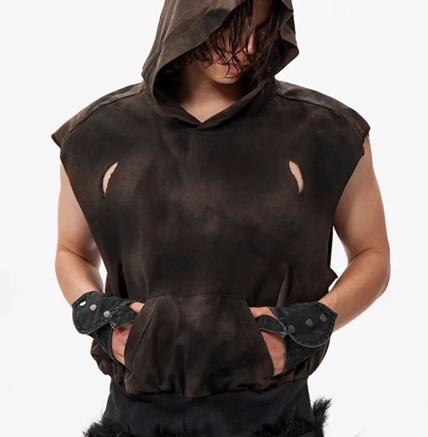 Men's khaki cotton short hood vest with short sleeves on mannequin