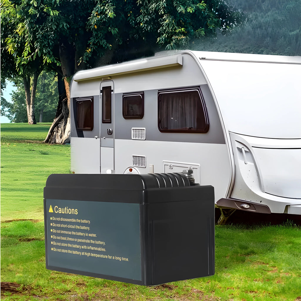 Black 12V 100Ah lithium iron phosphate battery with protection circuits for energy storage