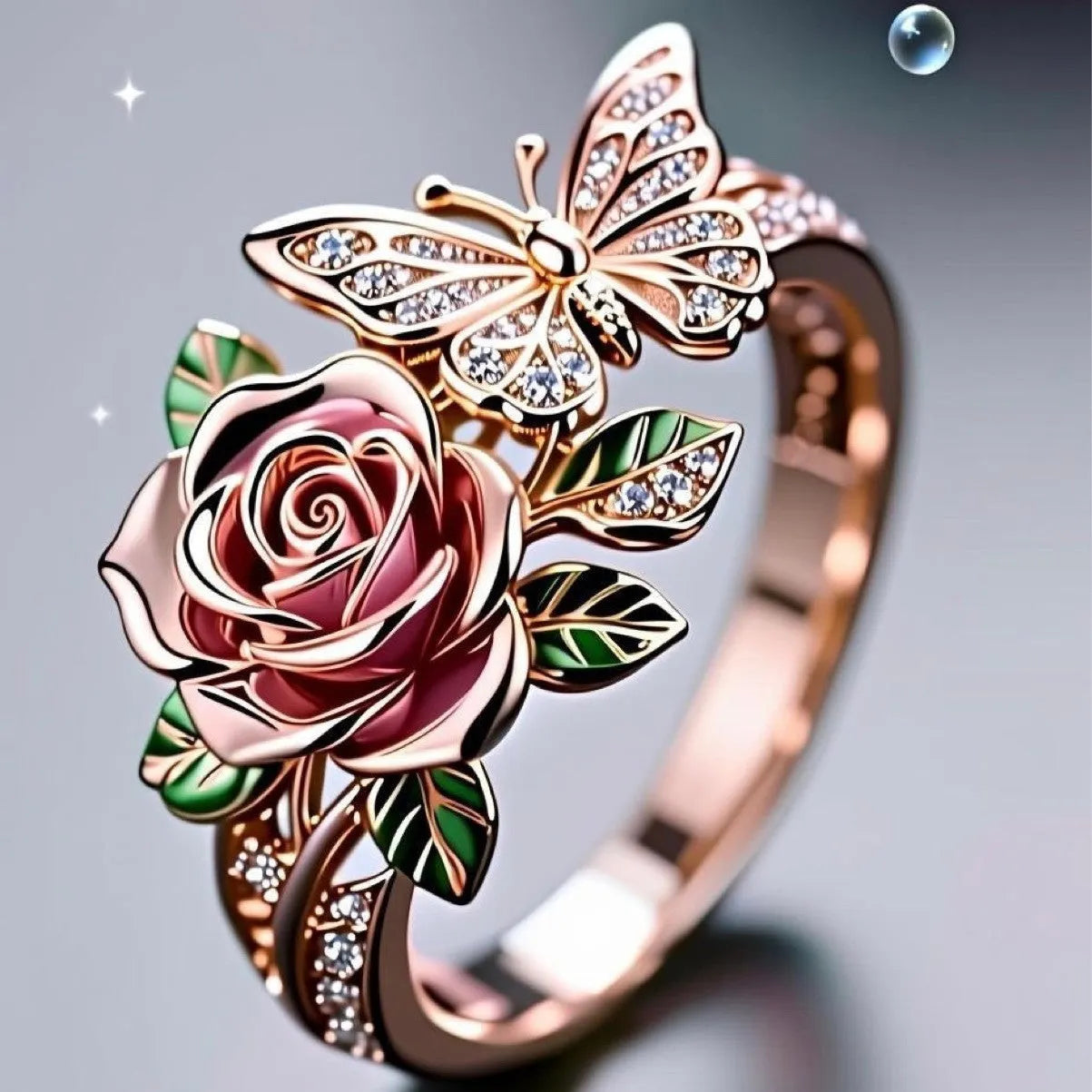 Adjustable butterfly personality ring with colourful oil drip treatment showing floral and insect design