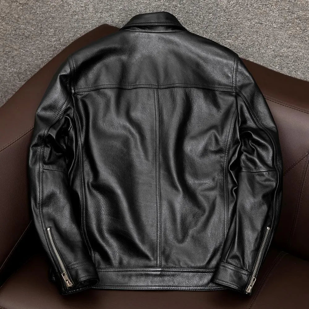 Men's black lapel collar PU leather jacket with patterned detailing and side pockets