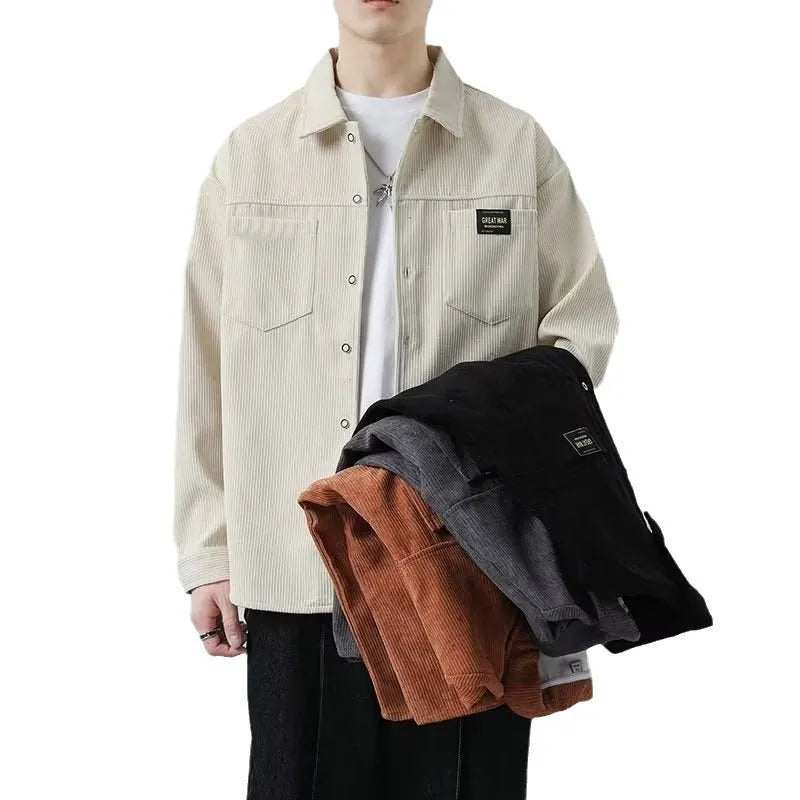 Men's corduroy cardigan jacket in black, dark grey, khaki, or orange with long sleeves