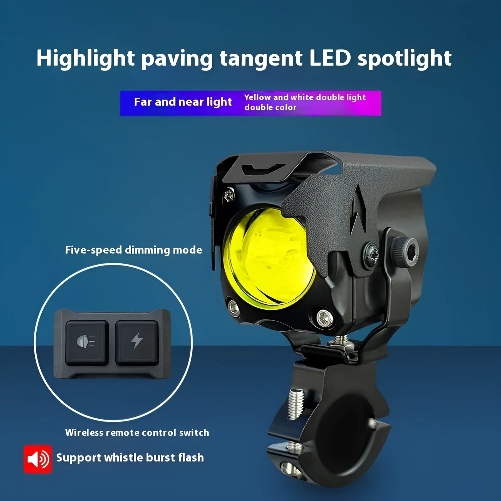 Motorcycle LED spotlight kit with integrated far and near beam lights, wiring, switches, and mounting brackets