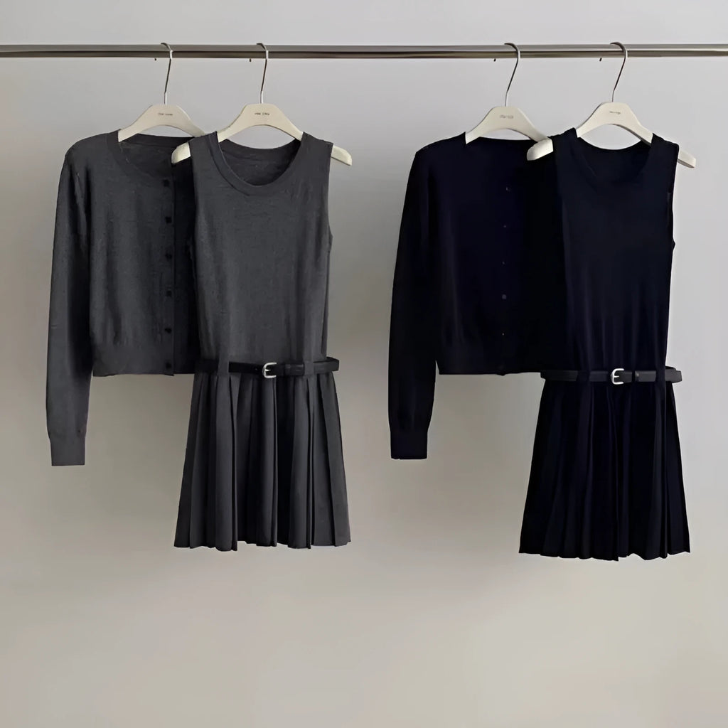 Grey women's knitted vest skirt and cardigan two-piece set with 3D pattern and belt.