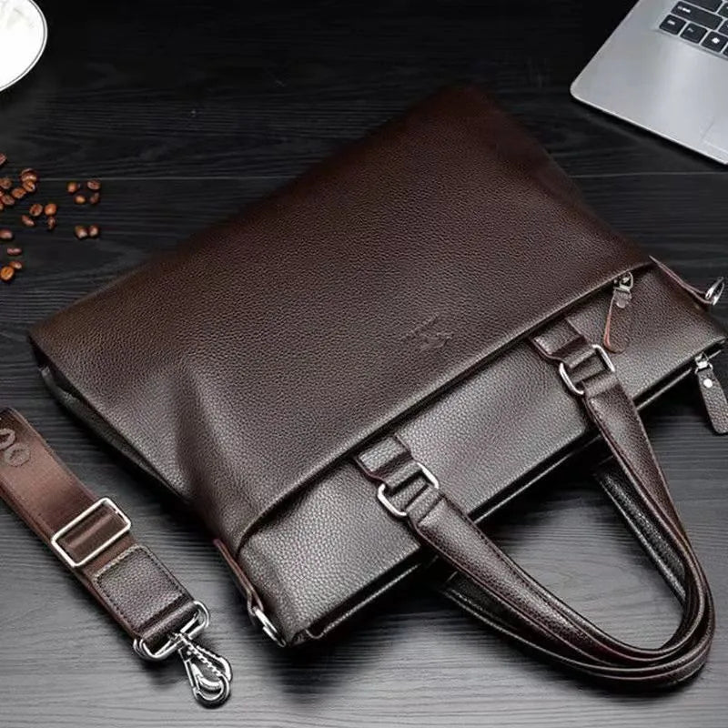 Men's black and brown PU leather shoulder messenger bag with splicing style, showing 35x30x4cm dimensions.