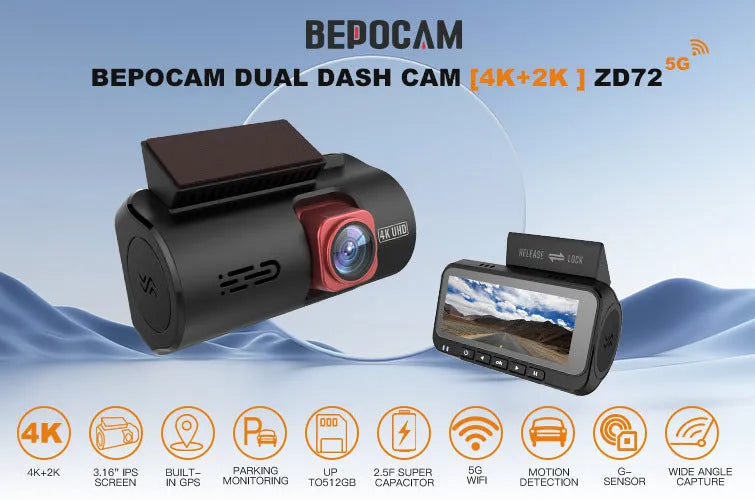 Front and rear dual lens dashcam with 4K HD recording, GPS and WiFi, 3.0 inch screen, ZD72 Black