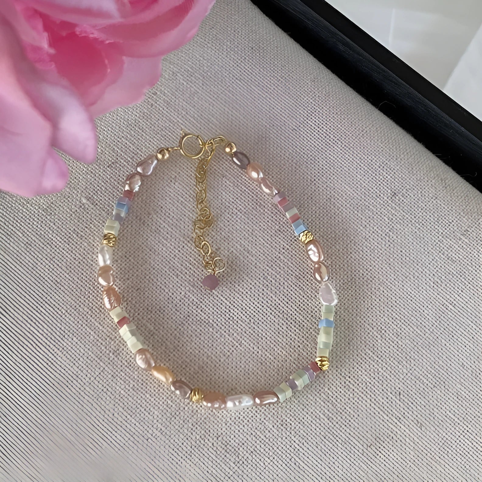 Natural irregular pearl bracelet and necklace set in 14k gilded purple silver tone.