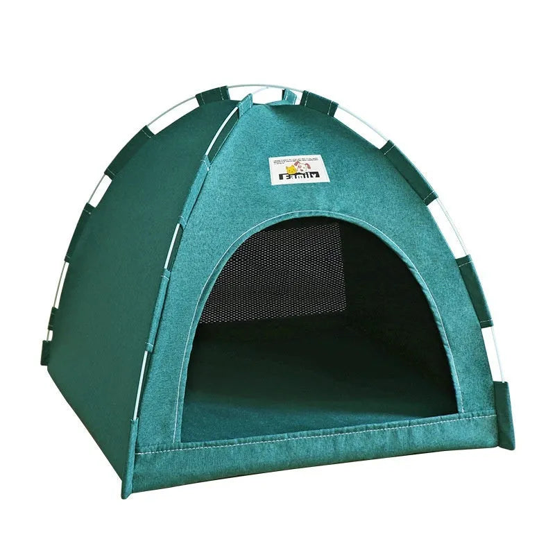 Grey tent-style pet bed for cats and small dogs with removable washable cover.