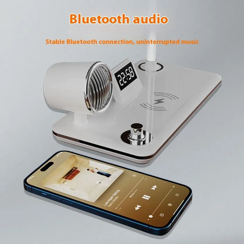 White wireless charging desk lamp with digital clock display showing time