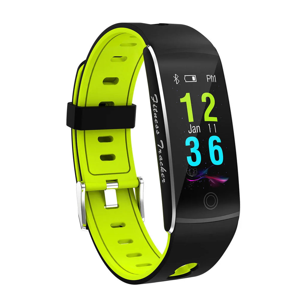 F10T smart health bracelet with colour screen on a silicone wristband, showing black, orange, red, and green colour options.