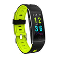 F10T smart health bracelet with colour screen on a silicone wristband, showing black, orange, red, and green colour options.