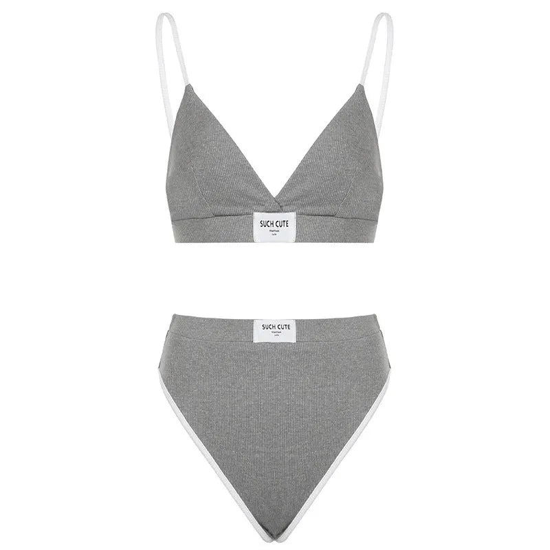 Women's embroidered contrast colour binding grey bikini underwear set with sleeveless top and short pants