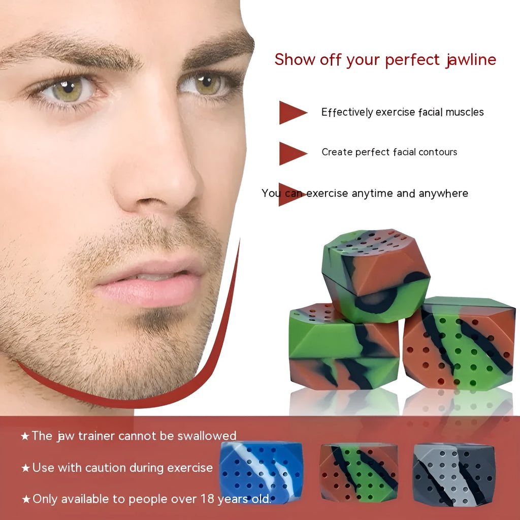 Two camouflage silicone facial muscle fitness balls for jaw training in a transparent box.