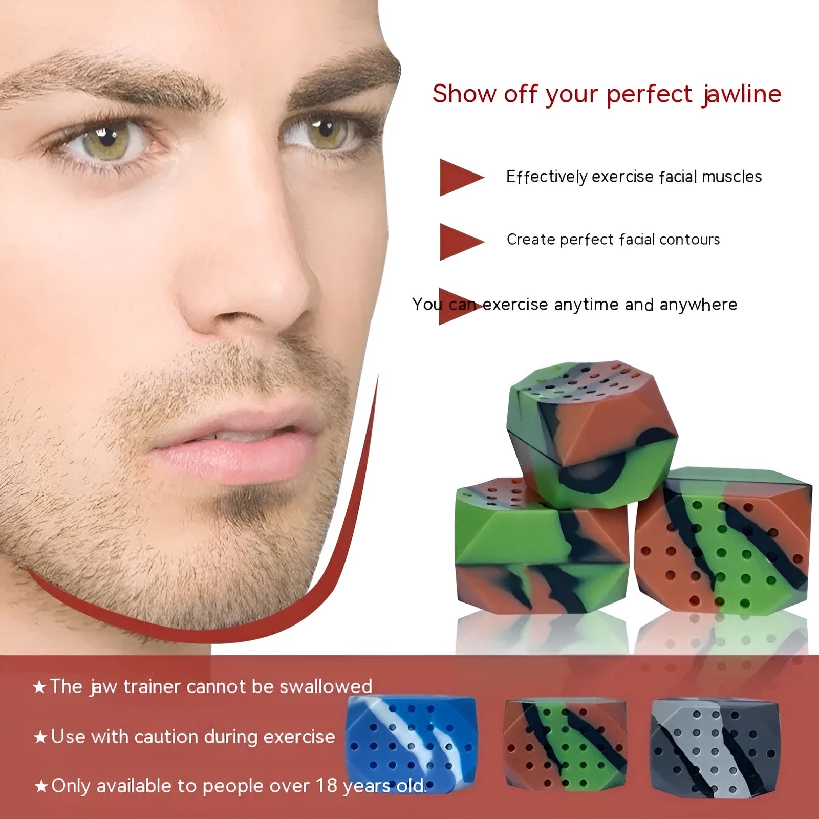 Two camouflage silicone facial muscle fitness balls for jaw training in a transparent box.