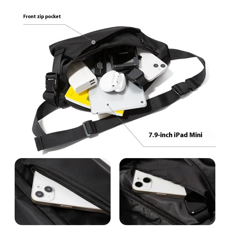 Black Oxford fabric men's chest bag with slanted street style design and sewing line details