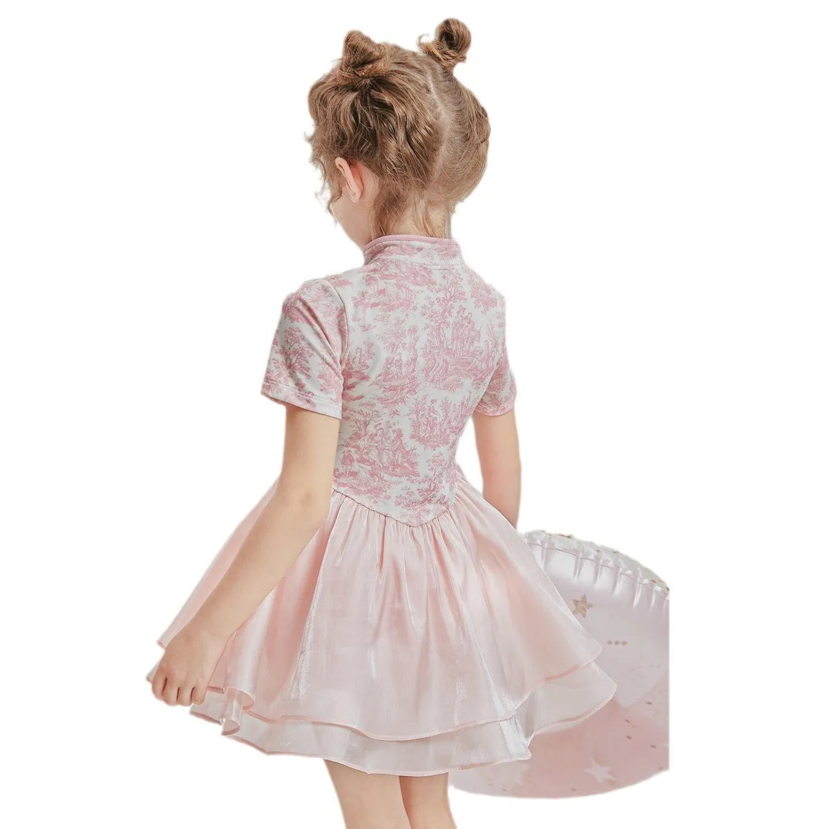 Kids' patchwork pattern two-piece swimsuit with short sleeves and briefs bottoms in various size options