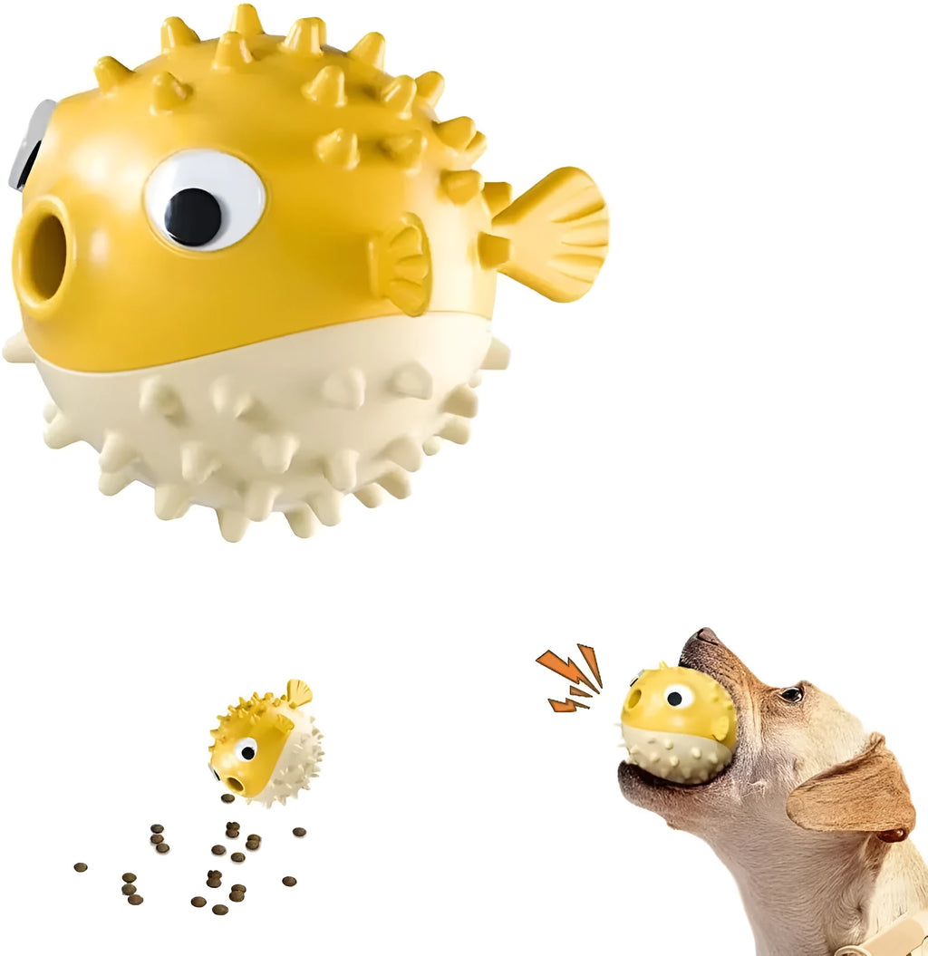 Fish shaped TPR interactive dog chew toy with treat dispensing slot and textured surface