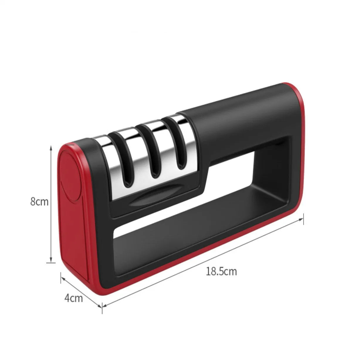 Black and red three-stage professional knife sharpener on a kitchen counter
