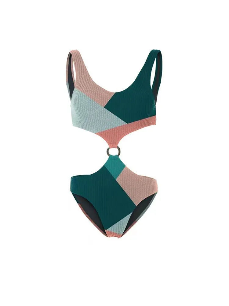 Women's contrast colour bikini set with mesh gauze skirt on a mannequin