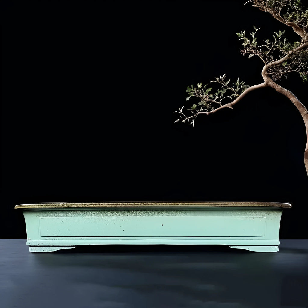Green handmade ceramic bonsai flower pot with purple sand crackled glaze retro finish