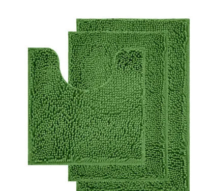 Dark green chenille U-shaped three-piece bathroom toilet carpet set on tiled floor.
