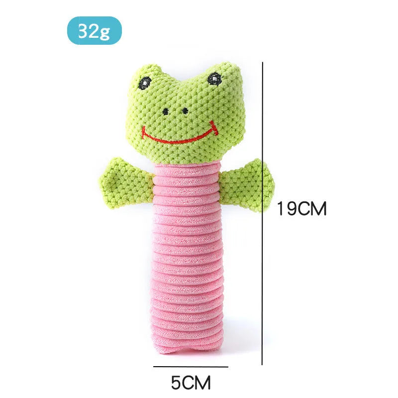 Squeaky stuffed calf, frog, or puppy dog chew toy for dental cleaning and teething relief.