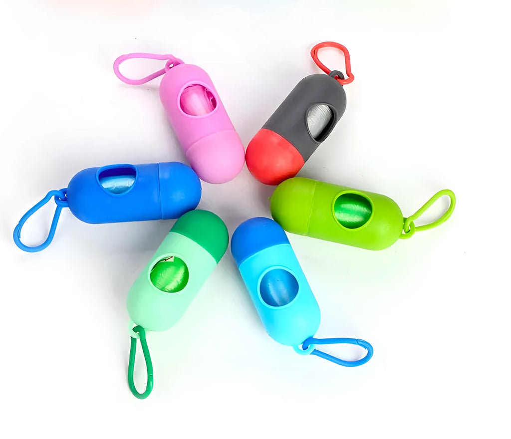 Roll of green plastic dog waste bags showing size 22.5cm by 30cm