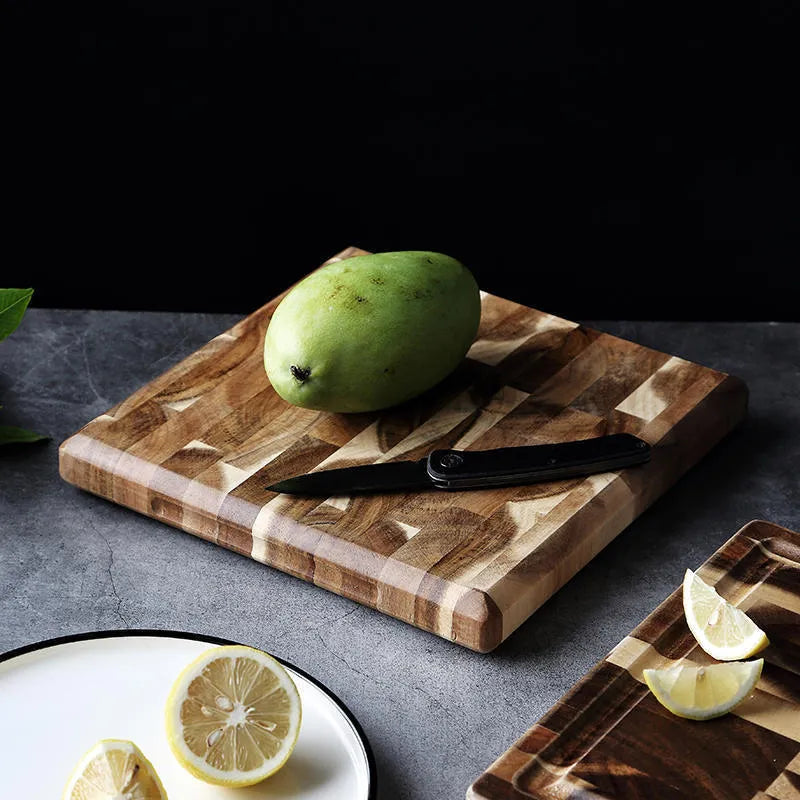 Brown acacia solid wood cutting board showing 3cm thickness edge