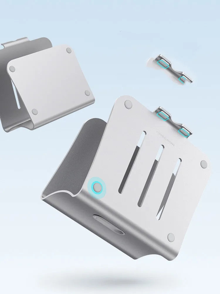 Aluminium alloy rotary cooling bracket for notebooks in silver or grey.