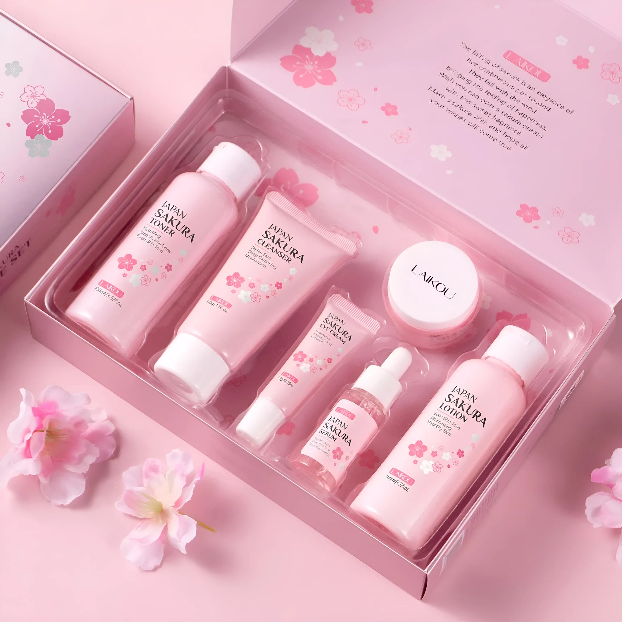 Cherry blossom skin care 6-piece set showing cleansing foam, toner, cream, essence liquid, eye cream, and essence cream