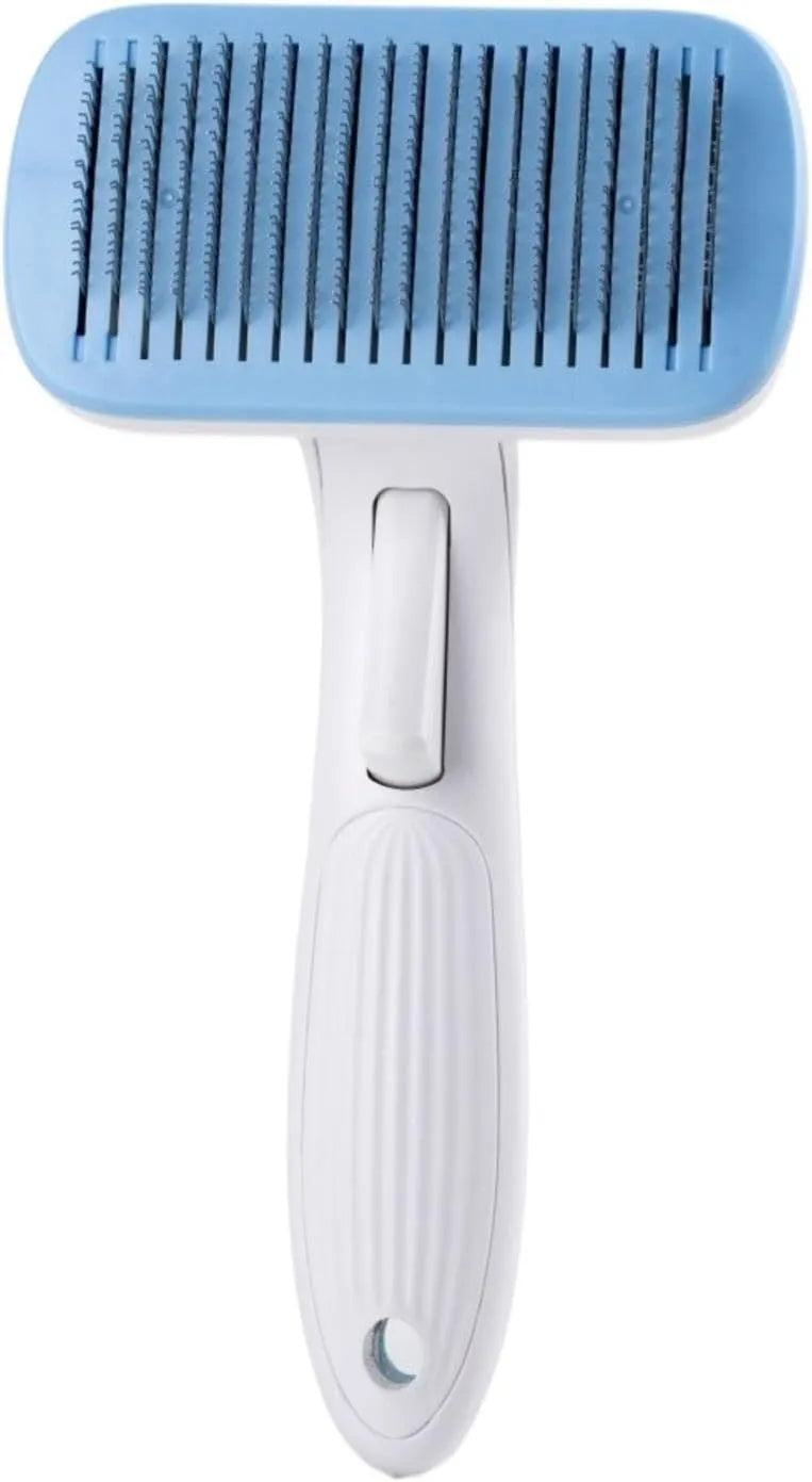 Automatic pet grooming comb with four interchangeable heads in blue, grey, green, or pink colours.