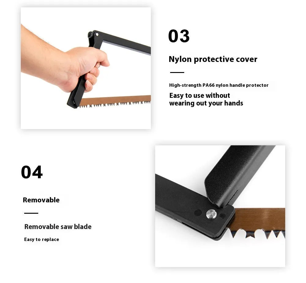 Black outdoor foldable survival saw with aluminium handle shown in open and closed positions.