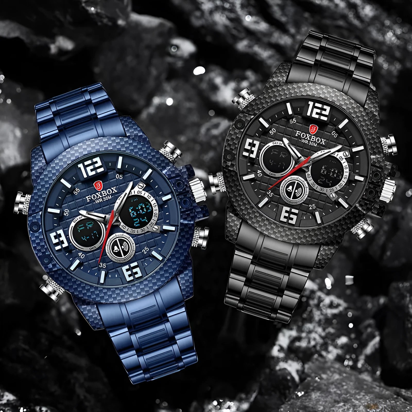 Dual display watch with pointer and number readouts, luminous dial, 44mm alloy case, black dial